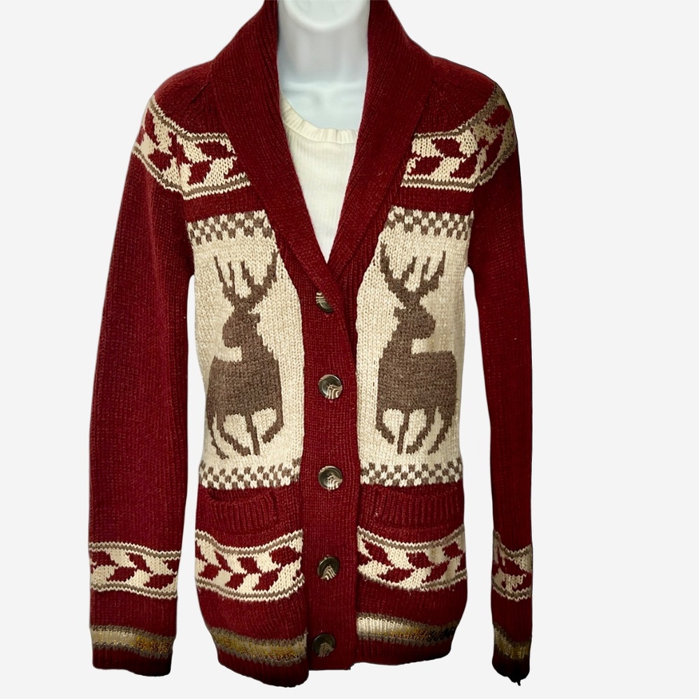 Bluenotes Sweater Cardigan Deer Elk Button up Burgundy Red & Cream Size S Jacket